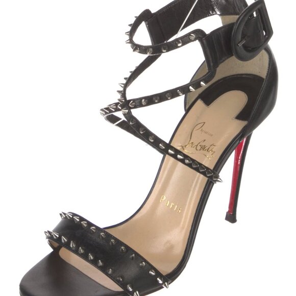 CHRISTIAN LOUBOUTIN Choca Spikes 100 Black Leather Sandals Size 7 IT 37 - Picture 3 of 11